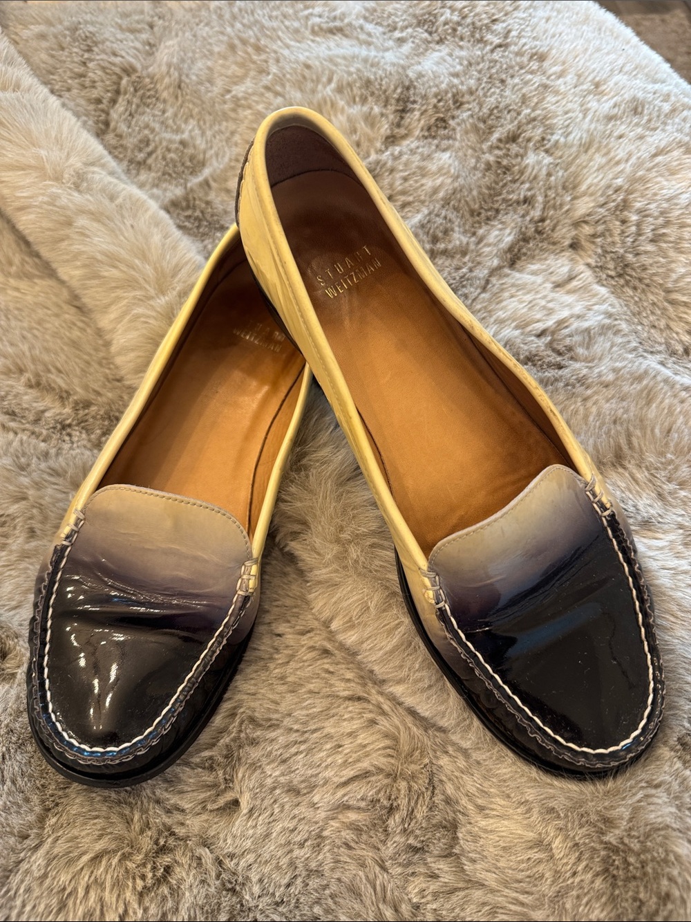 Stuart Weitzman Black and Cream Ombre Patent Leather Loafers